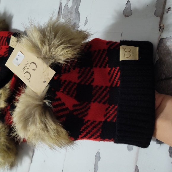 Red and Black Plaid Pom Pom Beanie CC Beanie Hats - Picture 2 of 2